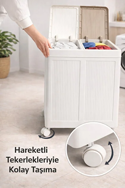 Tekerlekli Katlanabilir 2 Bölmeli Çamaşır Sepeti 100 Lt.
