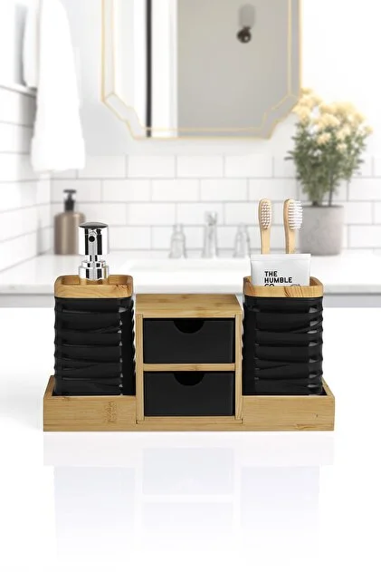 Okyanus Bambu Çekmeceli Banyo Organizeri Siyah
