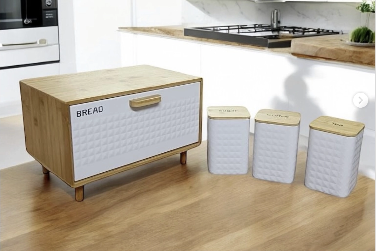 Zigzag Bambu Kapaklı Saklama Seti Beyaz (Ekmeklik-Baharatlık)