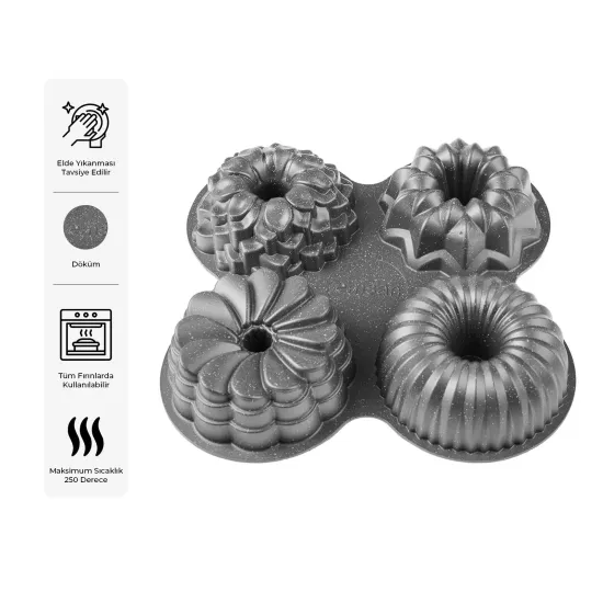 Emsan Griss One Four 4’lü Döküm Kek Kalıbı Gri