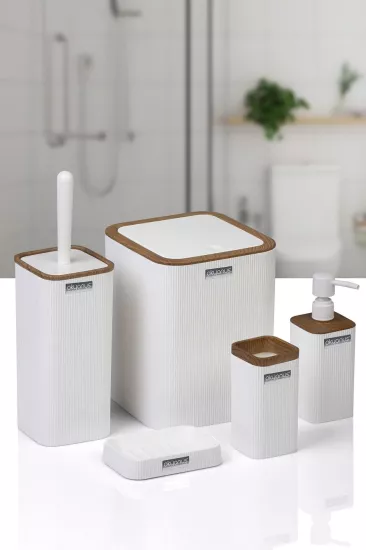 Okyanus Mina Kare Çizgili 5’li Banyo Seti Ahşap Beyaz