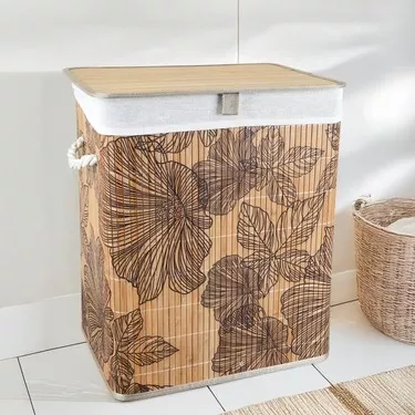 Çiçek Desenli Bambu Çamaşır Sepeti