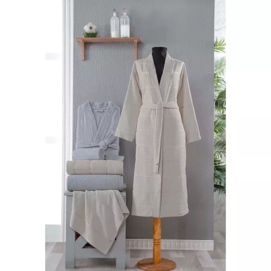 Pure Soft 6 Parça Bornoz Seti Bej - Gri M/L - L/XL