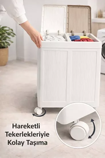 Tekerlekli Katlanabilir 2 Bölmeli Çamaşır Sepeti 100 Lt.