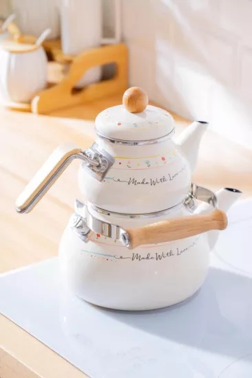 Acar Made With Love Alt Üst Emaye Tombul Çaydanlık Takımı