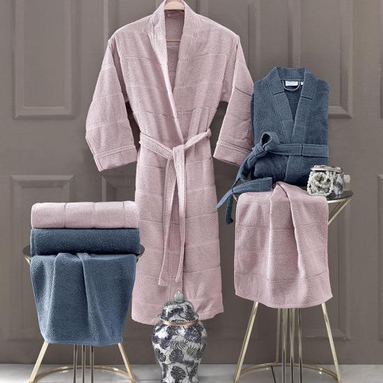 Altınbaşak Pure Soft Aile Boyu Bornoz Seti Lila & Lacivert