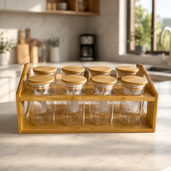 Bambu Standlı 8’li Cam Baharatlık
