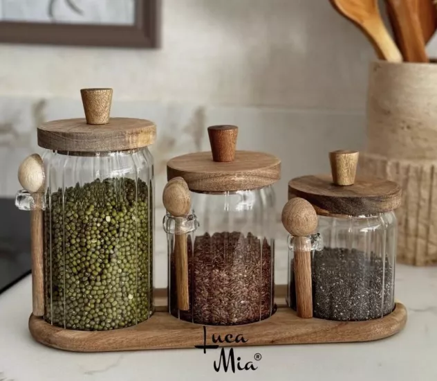 Glassya Kaşıklı Cam Kavanoz Seti 3 Boy