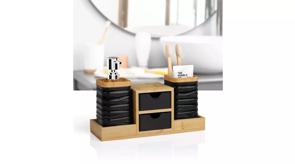 Okyanus Bambu Çekmeceli Banyo Organizeri Siyah