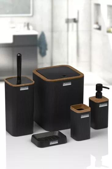 Okyanus Mina Kare Çizgili 5’li Banyo Seti Ahşap Siyah