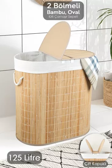 Oval Bambu İki Bölmeli Çamaşır Sepeti