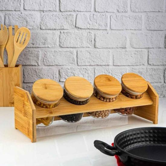 Bambu 4’lü Yatay Stantlı Cam Baharatlık