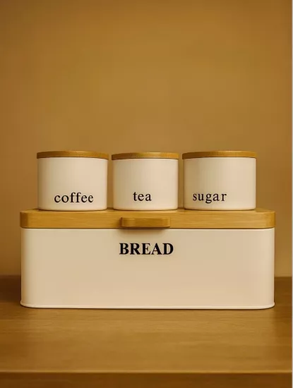 Elegant Bambu Kapaklı Saklama Seti Beyaz (Ekmeklik-Baharatlık)