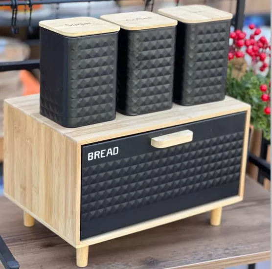 Zigzag Bambu Kapaklı Saklama Seti Siyah (Ekmeklik-Baharatlık)
