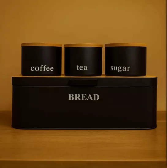 Elegant Bambu Kapaklı Saklama Seti Siyah (Ekmeklik-Baharatlık)