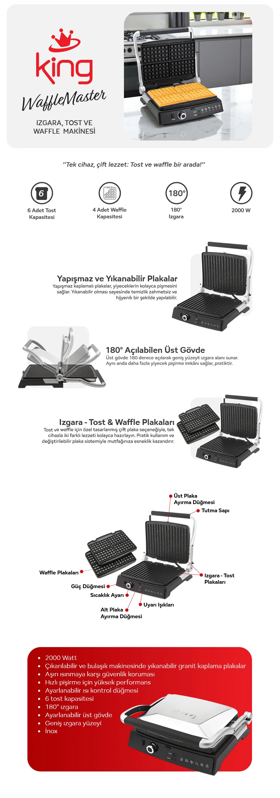King Waffle Master Izgara Tost ve Waffle Makinesi